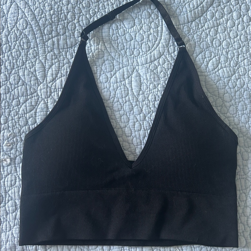 Black Ribbed Halter Bralette